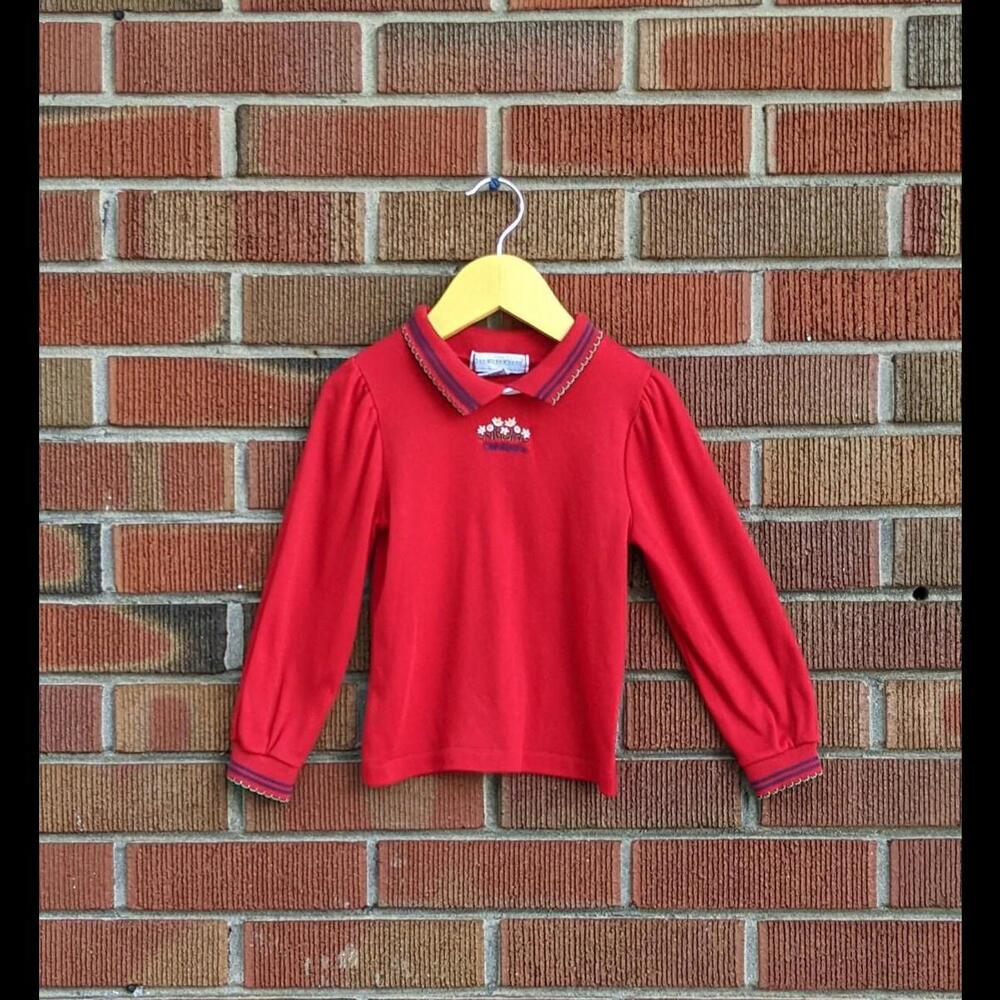 4T Vintage OshKosh Girl's Shirt, Red with Embroidered Daisies, USA, 1980-90s
